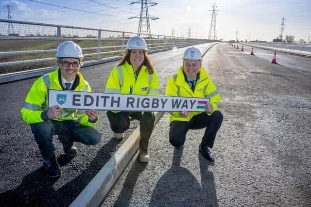 Nicola Elsworth, head of planning and enabling at Homes England, with Lancashire County Councillor AidyRiggott (left) and Matthew Brown from Preston City Council when the name of the new road was announced