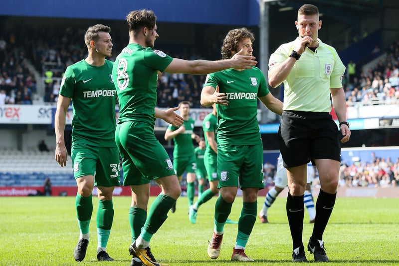 Preston North End's Billy Bodin, Alan Browne and Ben Pearson appeal to referee Robert Jones.