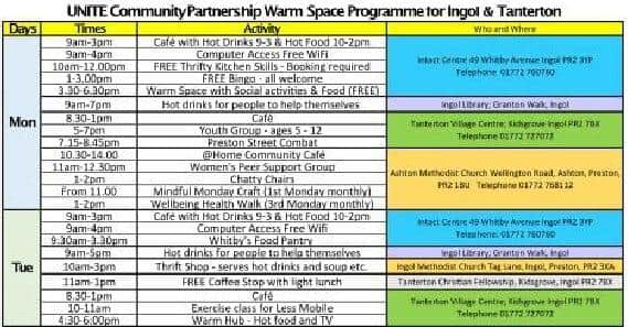 Ingol and Tanterton warm spaces and activities - Mondays and Tuesdays