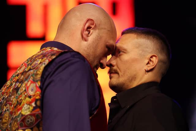 Tyson Fury and Oleksandr Usyk faced off during Thursday's press conference in London Picture: Alex Pantling/Getty Images