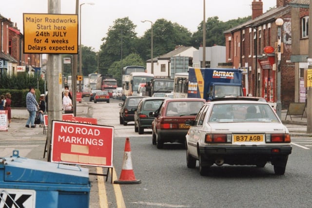 More roadworks misery for motorists along New Hall Lane. This was 1995 and traffic ground to a standstill with huge tailbacks and one of the town's main truck roads becoming a no-go zone - sound familiar?