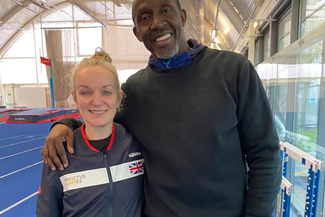 Photo Neil Cross; Gill Charlton with Linford Christie