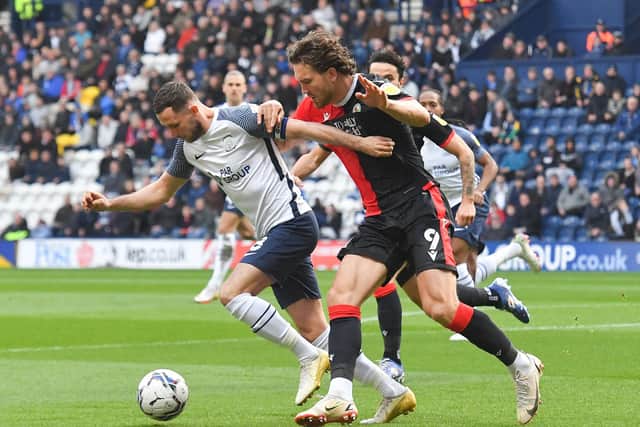 Preston North End skipper Alan Browne battles with Blackburn Rovers' Sam Gallagher at Deepdale