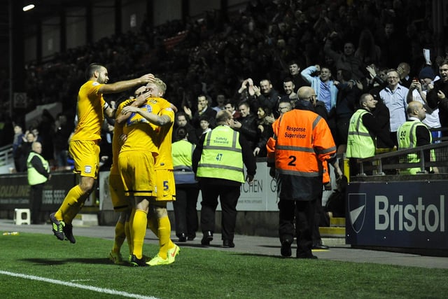Preston North End players celebrate the 2nd goal by Paul Huntington in front of their fans.