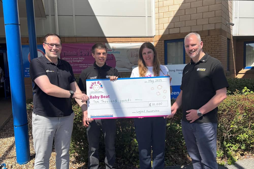 Members of Leyland Round Table, from left to right, Charles Lawrence, Anthony Bond and Carl McDade, meet Baby Beat’s fundraising manager Joanna Allitt at the Sharoe Green Maternity Unit to present her with £10,000, which will pay for furniture and decorative features in the unit’s new garden of hope