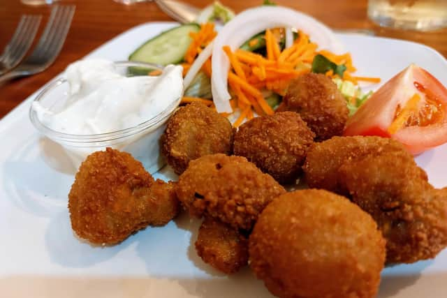 Deep fried garlic mushrooms starter at the Rose n Bowl, Stacksteads, Rossendale