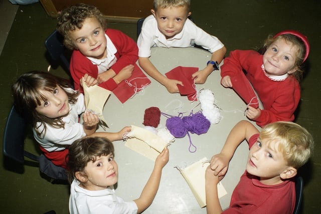 Knitting circle... picture shows Jonathan Howarth, Sarah Parkinson, Aaron Kent, Samantha Ashworth, Danielle Owen and Emma Bottomley, all aged five, and all pupils at Anderton CP Primary School in Chorley