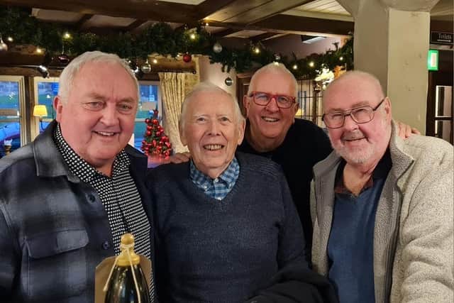 Former Burnley Express photographer Eddy Rawlinson (second from left) with Stuart Mason(left) an ex Burnley Express photographer who also worked for
The Sunday Express and the Daily Express, Barry Greenwood (right) and Phil Spencer who are both ex Daily Mirror photographers.