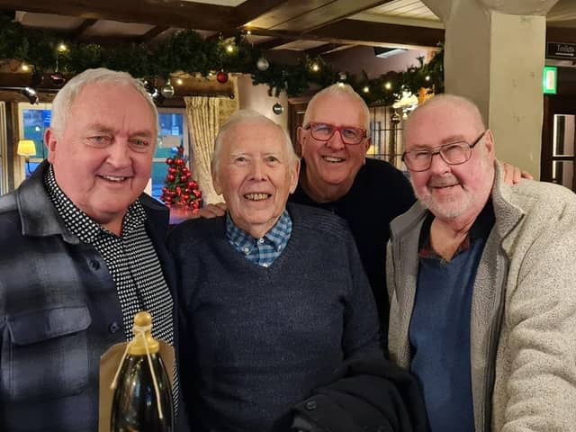 Former Burnley Express photographer Eddy Rawlinson (second from left) with Stuart Mason(left) an ex Burnley Express photographer who also worked for 
The Sunday Express  and the Daily Express,  Barry Greenwood (right) and Phil Spencer who are both ex Daily Mirror photographers.