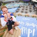 Olympian Will Satch helps launch the new outdoor activities at Martin Mere holiday park by taking the plunge from The Jump a freefall jump onto an inflatable