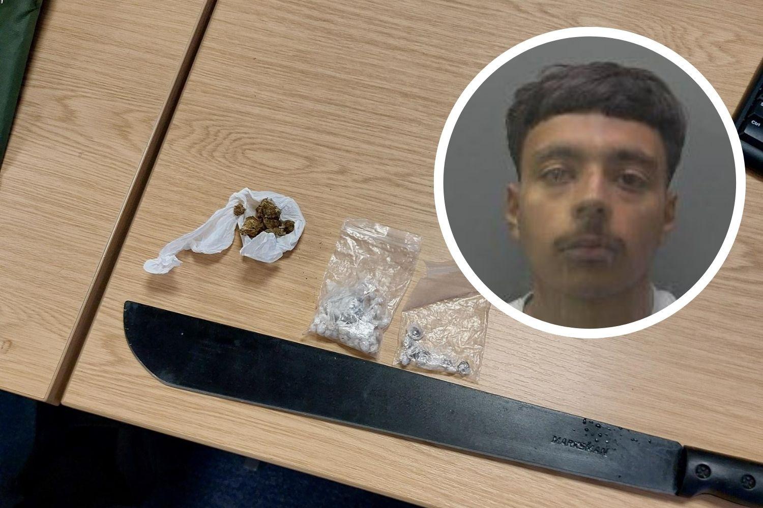 Drug dealer throws machete moments before police find crack and heroin hidden in pants