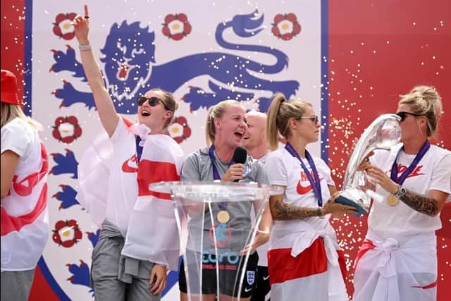 Beth Mead and the Lionesses celebrate winning the European Championships.