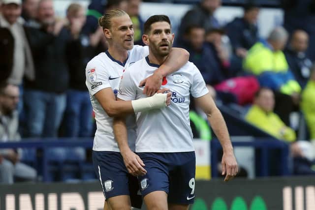 Preston North End's Ched Evans (right) celebrates with team-mate Brad Potts after scoring his side's equalising goal to make the score 2-2