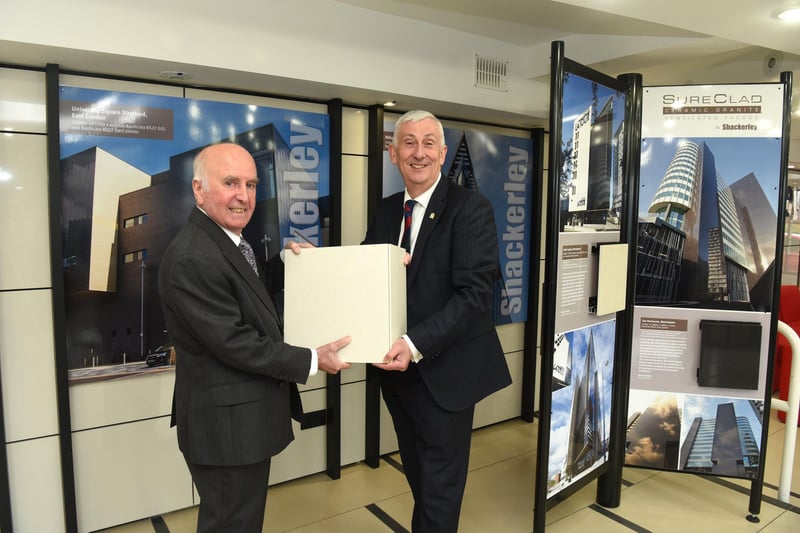 Sir Lindsay Hoyle with founder and CEO Brian G Newell on his visit to façade manufacturer, Shackerley in Euxton,