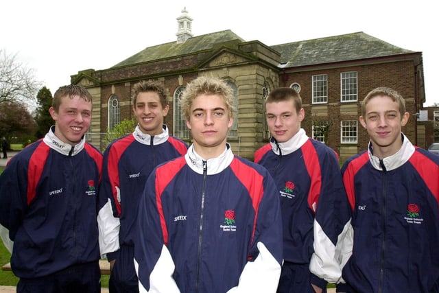 The Hutton Grammar School swimming team who represented England at the World Schools Swimming Cup in Pilsen in the Czech Republic, from left, Daniel McKay, 15, Sean Rushton, 15, Philip Isherwood, 15 (captain), Ian Aguilar, 16, and Andrew Addison, 15. Team member Karl Addison was missing for the photo call