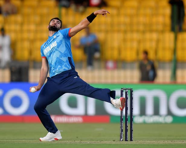 KARACHI, PAKISTAN - MARCH 01: Saqib Mahmood of England bowls during the ICC Champions Trophy 2025 match between South Africa and England at National Stadium on March 01, 2025 in Karachi, Pakistan. (Photo by Sameer Ali/Getty Images)