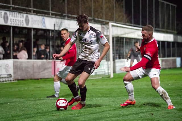Harry Scarborough in action during Brig's 3-3 draw with FC United (photo: Ruth Hornby)
