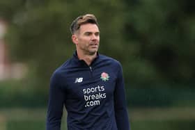 SOUTHPORT, ENGLAND - JULY 01: James Anderson of Lancashire warms up with team mates ahead of Day Two of the Vitality County Championship match between Lancashire v Nottinghamshire at Trafalgar Road Ground on July 01, 2024 in Southport, England. (Photo by Jan Kruger/Getty Images)