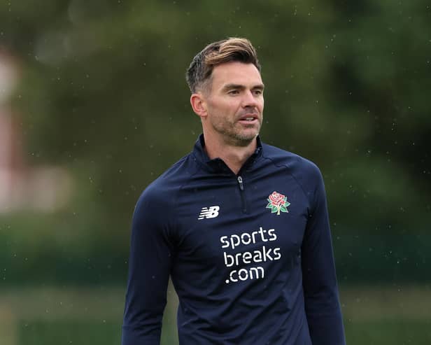 SOUTHPORT, ENGLAND - JULY 01: James Anderson of Lancashire warms up with team mates ahead of Day Two of the Vitality County Championship match between Lancashire v Nottinghamshire at Trafalgar Road Ground on July 01, 2024 in Southport, England. (Photo by Jan Kruger/Getty Images)