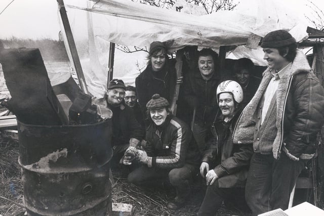 Pickets in their shelter at the disused Birley East pit, Woodhouse February 1974