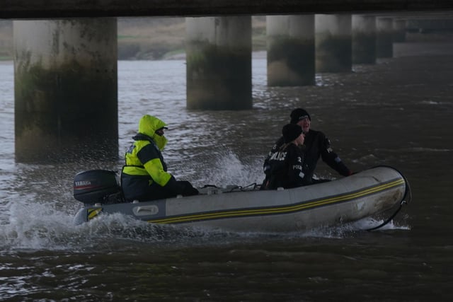 A police Search and Rescue team on the river at Shard Bridge on the River Wyre in Lancashire, as police continue their search for missing woman Nicola Bulley, 45, who was last seen two weeks ago on the morning of Friday January 27, when she was spotted walking her dog on a footpath by the nearby River Wyre. Picture date: Friday February 10, 2023.