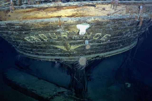 Photo issued by Falklands Maritime Heritage Trust of the stern of the wreck of Endurance, Sir Ernest Shackleton's ship which has not been seen since it was crushed by the ice and sank in the Weddell Sea in 1915.