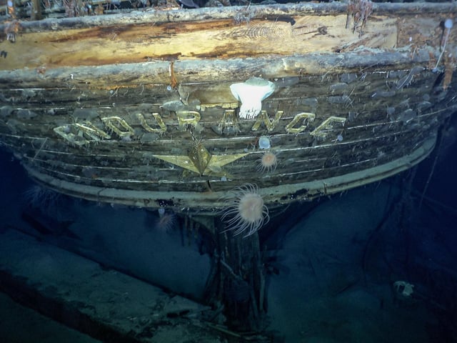 Photo issued by Falklands Maritime Heritage Trust of the stern of the wreck of Endurance, Sir Ernest Shackleton's ship which has not been seen since it was crushed by the ice and sank in the Weddell Sea in 1915.
