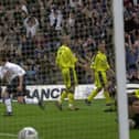 David Healy scores Preston North End's first goal against Birmingham City in the play-offs at Deepdale in May 2001