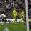 David Healy scores Preston North End's first goal against Birmingham City in the play-offs at Deepdale in May 2001