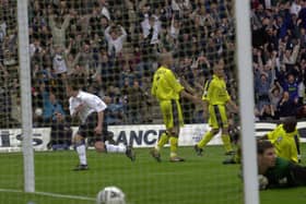 David Healy scores Preston North End's first goal against Birmingham City in the play-offs at Deepdale in May 2001