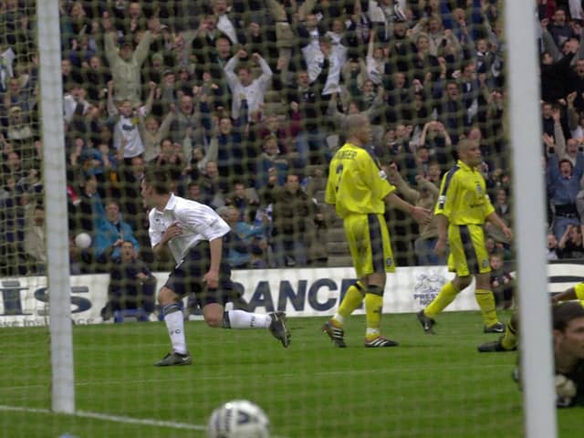 David Healy scores Preston North End's first goal against Birmingham City in the play-offs at Deepdale in May 2001