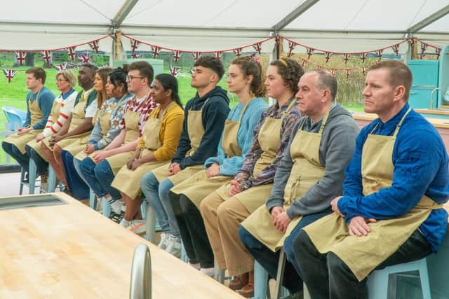 The new bakers in the Great British Bake-Off tent. From left, Josh, Nicky, Amos, Cristy, Dana, Rowan, Saku, Matty, Tasha, Abbi, Keith, Dan (Picture: Channel 4/Love Productions/Mark Bourdillon)