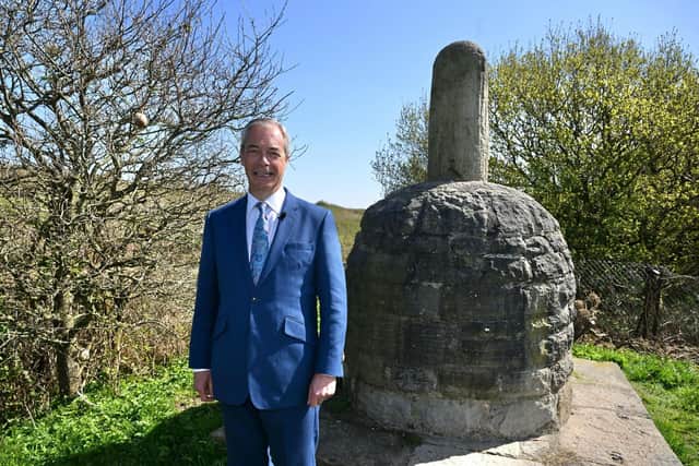 Nigel Farage at the Parbold Bottle statue in West Lancashire (image credit:  Stuart Mitchell)