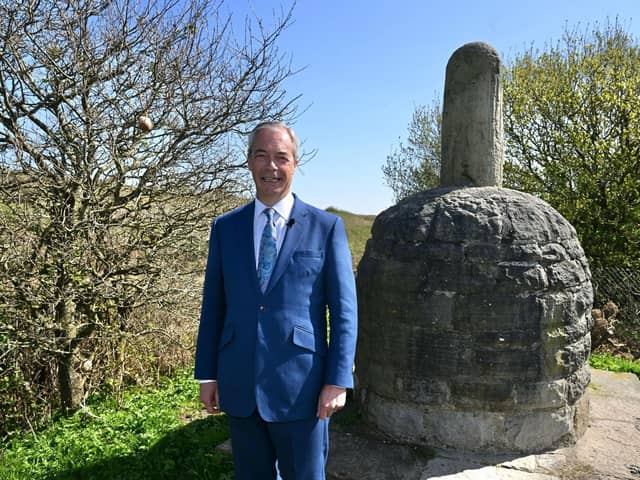 Nigel Farage at the Parbold Bottle statue in West Lancashire (image credit:  Stuart Mitchell)