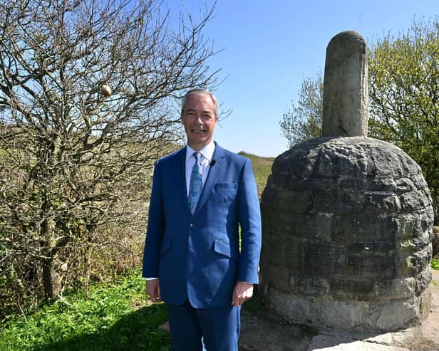 Nigel Farage at the Parbold Bottle statue in West Lancashire (image credit:  Stuart Mitchell)