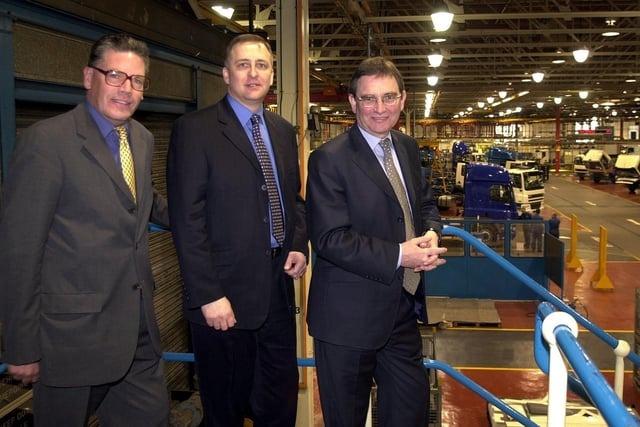A 2002 minister visit to Leyland Trucks, with (from left) David Borrow, Peter Jupp, Leyland Trucks logistics manager, and Brian Wilson, Department of Transport