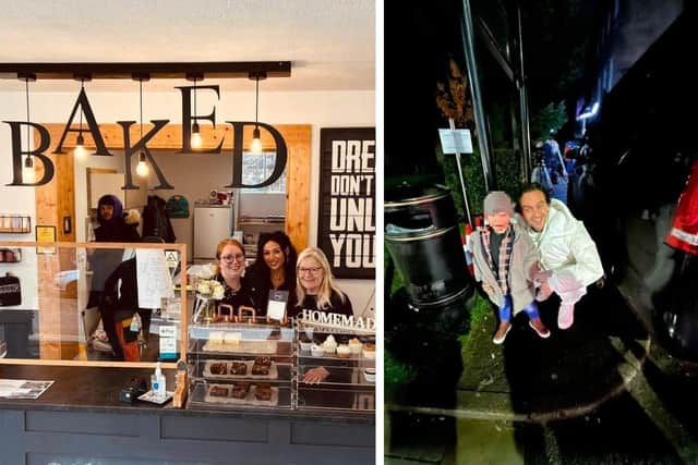 Left: Michelle Keegan with the Baked.Cakes staff. Right: Joe Gilgun with a young fan. Credit: Baked.Cakes