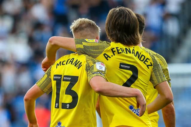 Preston North End's Ali McCann celebrates scoring his side's second goal with Alvaro Fernandez in their 4-1 win over Huddersfield earlier this season.
