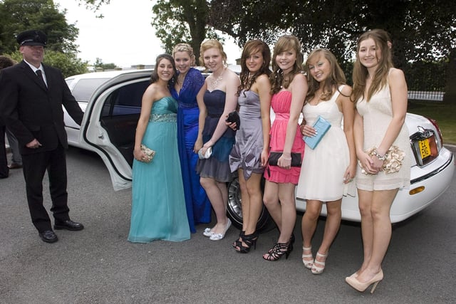 Stretch limo arrival for Jenny Carles, Rachel Hindley, Becci Hughes, Rachel Hatcher, Laura De Leeuw-Van-Weenen, Jenni Bass, and Elizabeth Green at Farington Lodge in 2010 for the Penwortham Priory Sports and Technology College prom