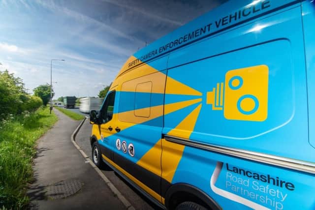 The driver of a Mazda captured speeding at 73mph on Tom Benson Way in Preston (40mph) was filmed taking both hands off the wheel to give an offensive gesture to the enforcement van. Pic credit: Lancashire Police