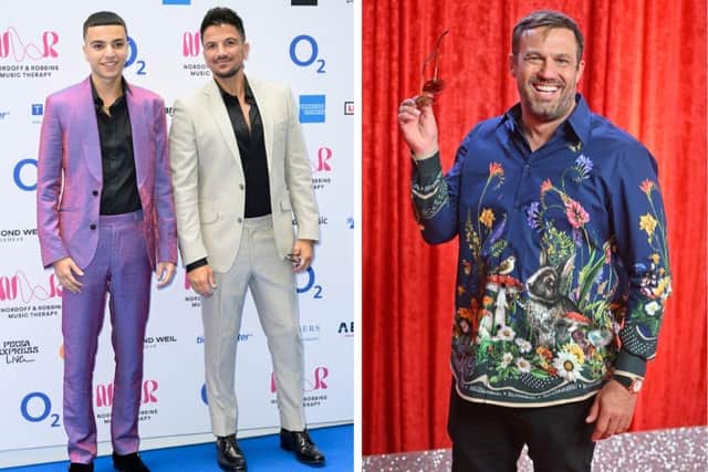 Left: Junior Andre and Peter Andre attend the Nordoff and Robbins O2 Silver Clef Awards 2023. Right: Jamie Lomas attends The British Soap Awards 2023.