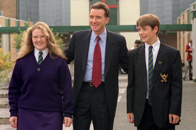 Peter Mandelson arrives at All Hallows RC High School, Penwortham. and chats with head girl Claire Dickinson,15, and head boy David Holden