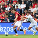 Alvaro Fernandez of Manchester United in action with Jamie Shackleton of Leeds United during the pre-season friendly at Ullevaal Stadium in Oslo, Norway (Photo by Matthew Peters/Manchester United via Getty Images)