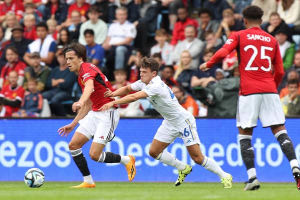 Alvaro Fernandez of Manchester United in action with Jamie Shackleton of Leeds United during the pre-season friendly at Ullevaal Stadium in Oslo, Norway (Photo by Matthew Peters/Manchester United via Getty Images)