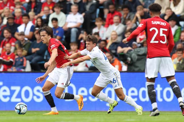 Alvaro Fernandez of Manchester United in action with Jamie Shackleton of Leeds United during the pre-season friendly at Ullevaal Stadium in Oslo, Norway (Photo by Matthew Peters/Manchester United via Getty Images)