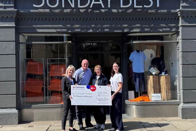 Rosemere Cancer Foundation’s fundraising manager Sue Swire (far left) is presented with a cheque for £4,600 by Farleys’ Personal Injury Solicitor Paul Mulderrig, Sunday Best proprietor Jan Shutt and Farleys’ Marketing Co-ordinator Megan Williams