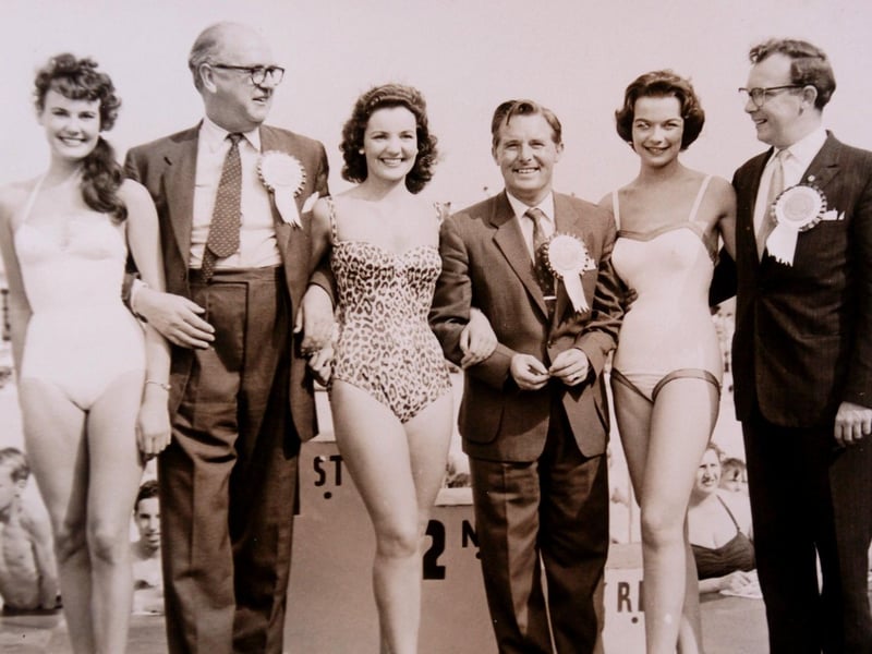 Hannah Hayton, centre in leopard print costume, in a heat of the Miss Great Britain contest at Morecambe. Among those also pictured are some of the judges on that day, Morecambe and Wise.