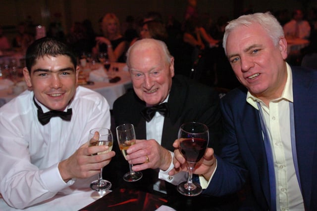 Michael Jennings, Sir Tom Finney and Dave Spikey at the Red Rose awards at Park Hall Hotel, Charnock Richard