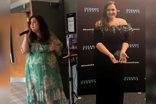Left: before Jessica's weight loss. Right: fitting into her old favourite dress at the Nation's Wedding Awards 2023.