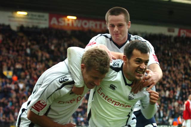 Paul Parry celebrates with Ross Wallace and Eddie Nolan after scoring for Preston North End against Middlesbrough at Deepdale